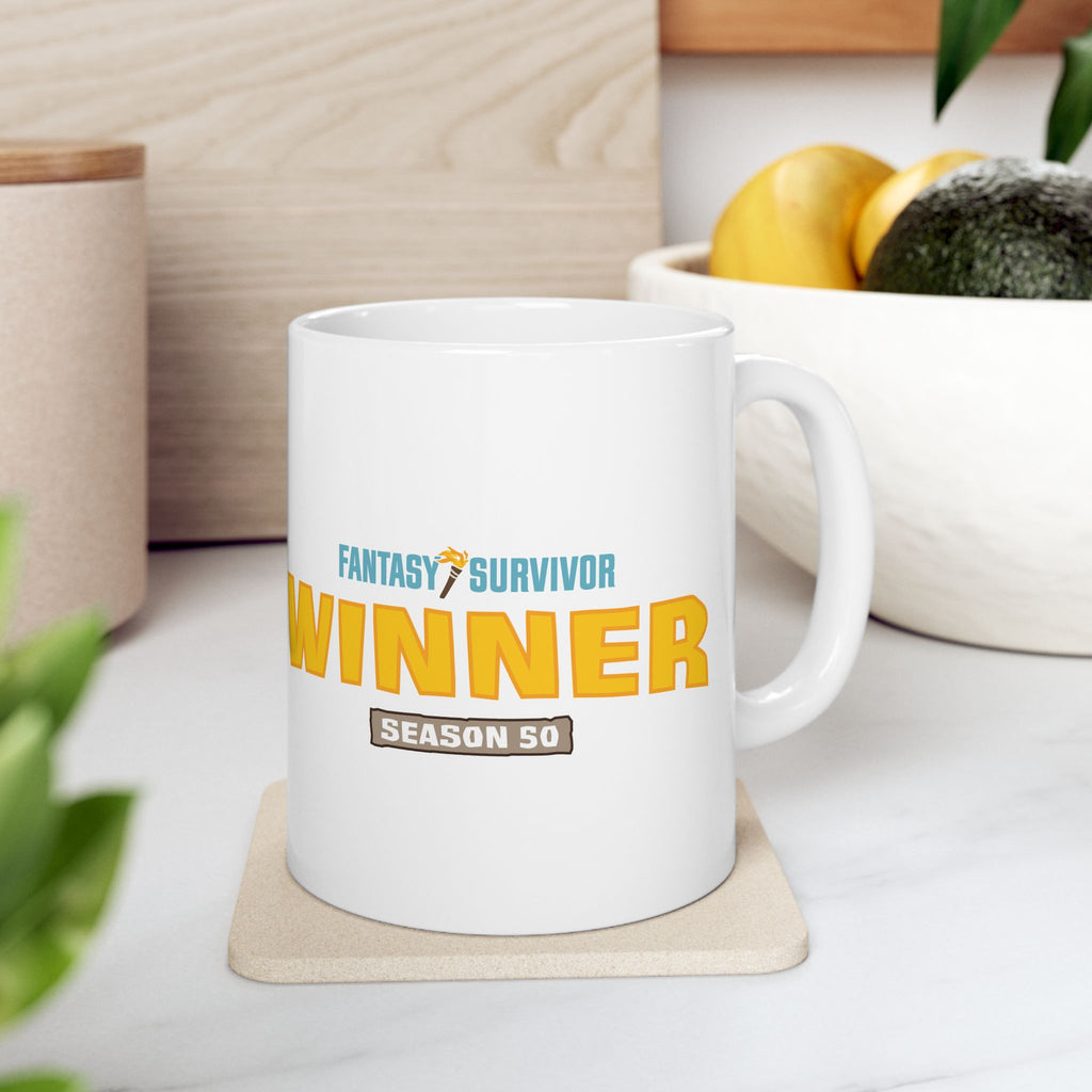 Fantasy Survivor Mug - Season 50 Winner Ceramic Coffee Cup (11oz, 15oz)